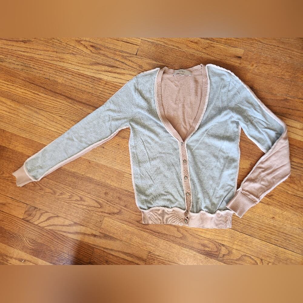 LOFT Tan and Gray Cardigan Sweater Lightweight Knit